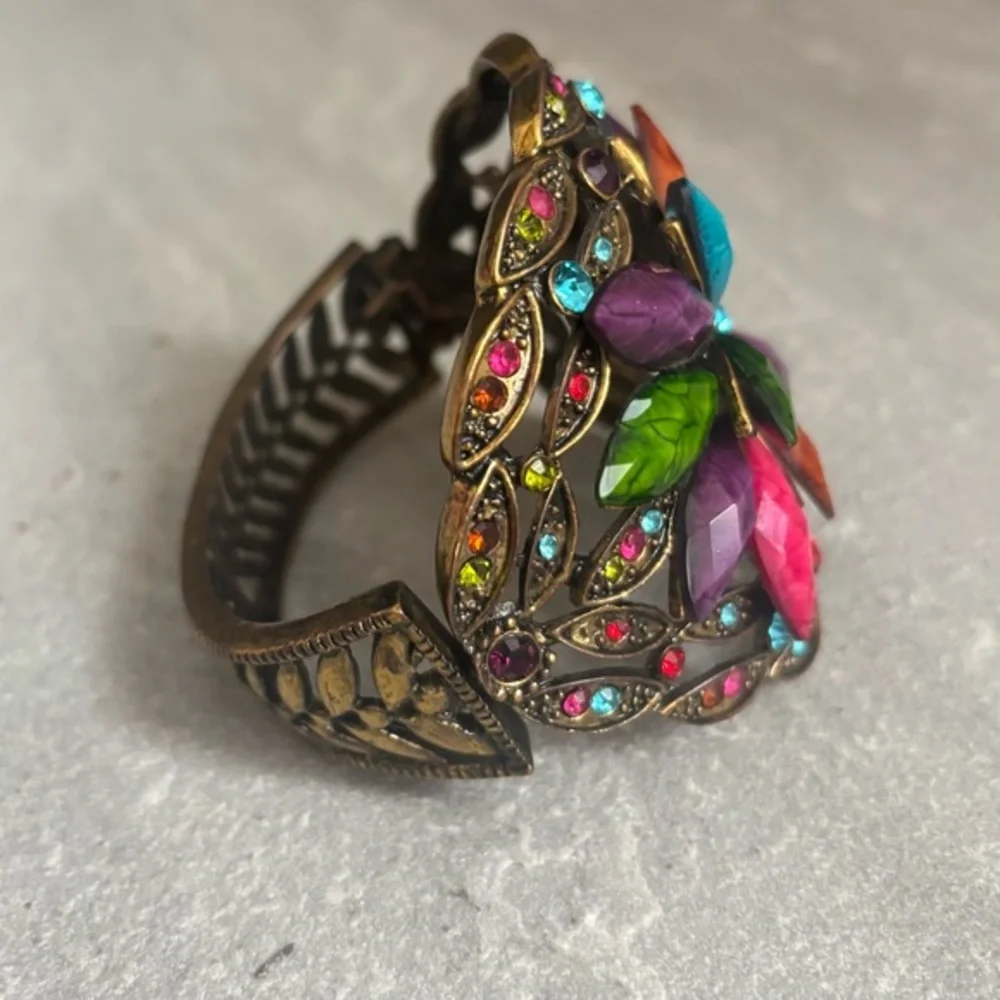 Jewel Flower Hinged Cuff Bracelet Multi-Colored Resin Stones Crystal Rhinestones
